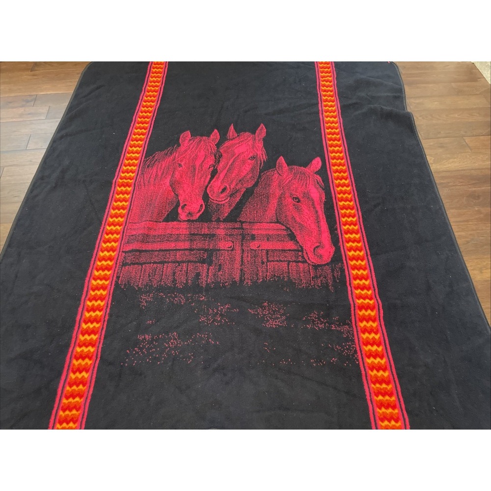 Vintage San Marcos El Original Blanket Brown Horses Mexico Cobija 81x93 inch BIG